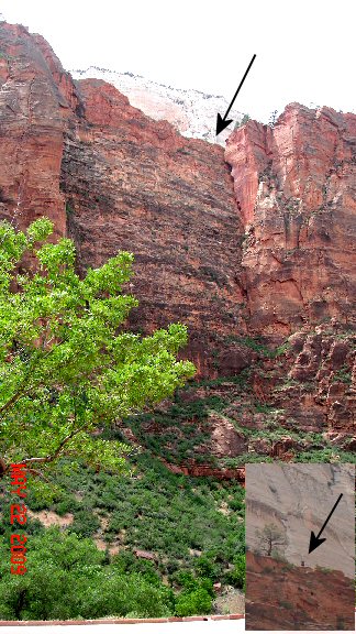 Angeln's landing trail narrow part views from 1200 feet below.   There are "Fools" on top.